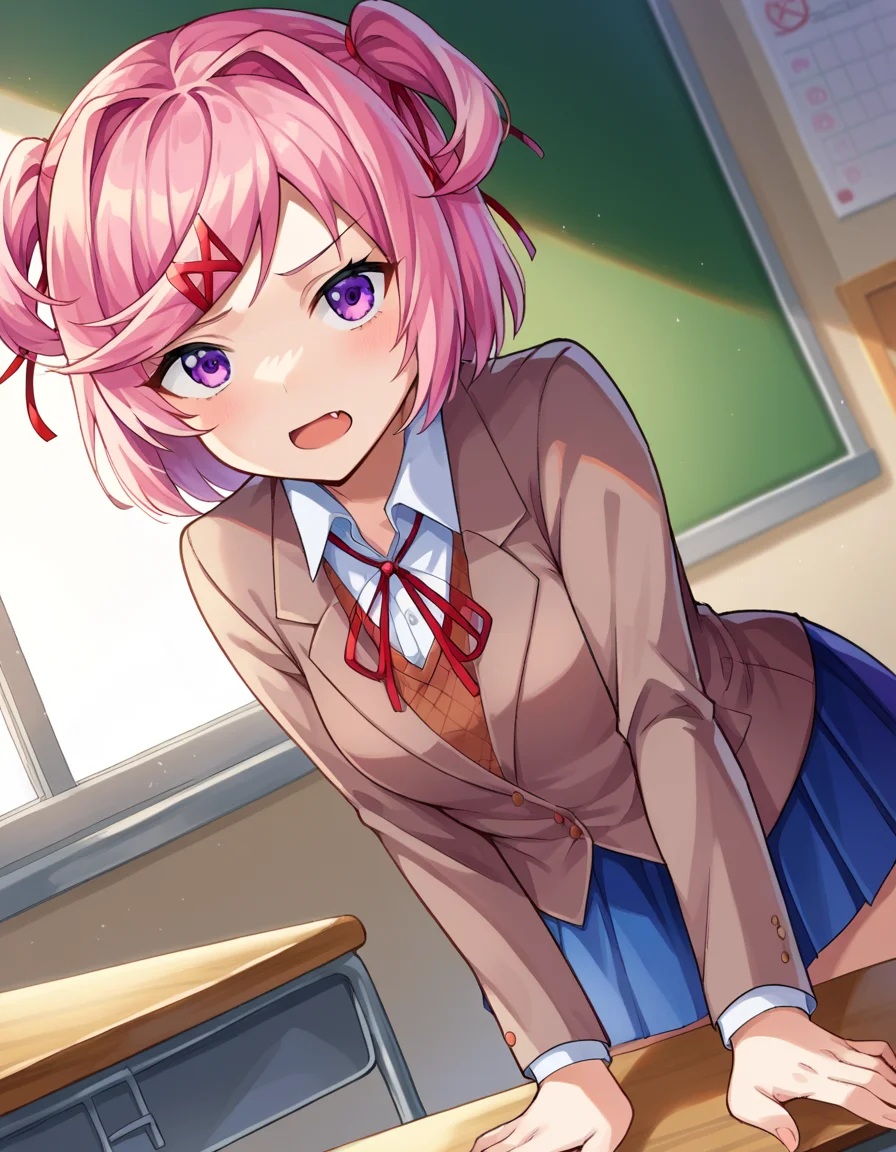 score_9, score_8_up, score_7_up, source_anime,
ddlcnatsuki, <lora:ddlc-natsuki-ponyxl-lora-nochekaiser:1>
ddlcnatsuki, fang, hair ornament, pink hair, purple eyes, short hair, short sidetail, swept bangs, x hair ornament,
blazer, blue skirt, brown jacket, collared shirt, jacket, long sleeves, miniskirt, neck ribbon, pleated skirt, red ribbon, ribbon, school uniform, shirt, skirt, swept bangs, vest, white shirt, wing collar, x hair ornament,
indoors, classroom, bent over,
looking at viewer, dutch angle, cowboy shot,