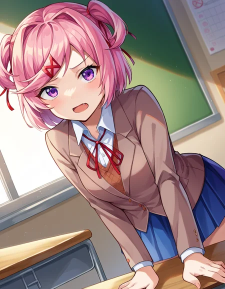score_9, score_8_up, score_7_up, source_anime,
ddlcnatsuki, <lora:ddlc-natsuki-ponyxl-lora-nochekaiser:1>
ddlcnatsuki, fang, hair ornament, pink hair, purple eyes, short hair, short sidetail, swept bangs, x hair ornament,
blazer, blue skirt, brown jacket, collared shirt, jacket, long sleeves, miniskirt, neck ribbon, pleated skirt, red ribbon, ribbon, school uniform, shirt, skirt, swept bangs, vest, white shirt, wing collar, x hair ornament,
indoors, classroom, bent over,
looking at viewer, dutch angle, cowboy shot,