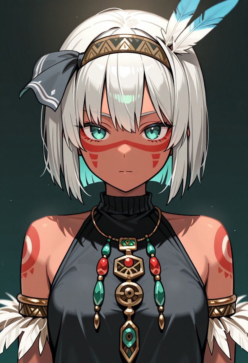 masterpiece, best quality, 32k, high resolution, absurdres, asatsuki, 1girl, solo, jewelry, hairband, feather hair ornament, looking at viewer, bracelet, necklace, facepaint, bare shoulders