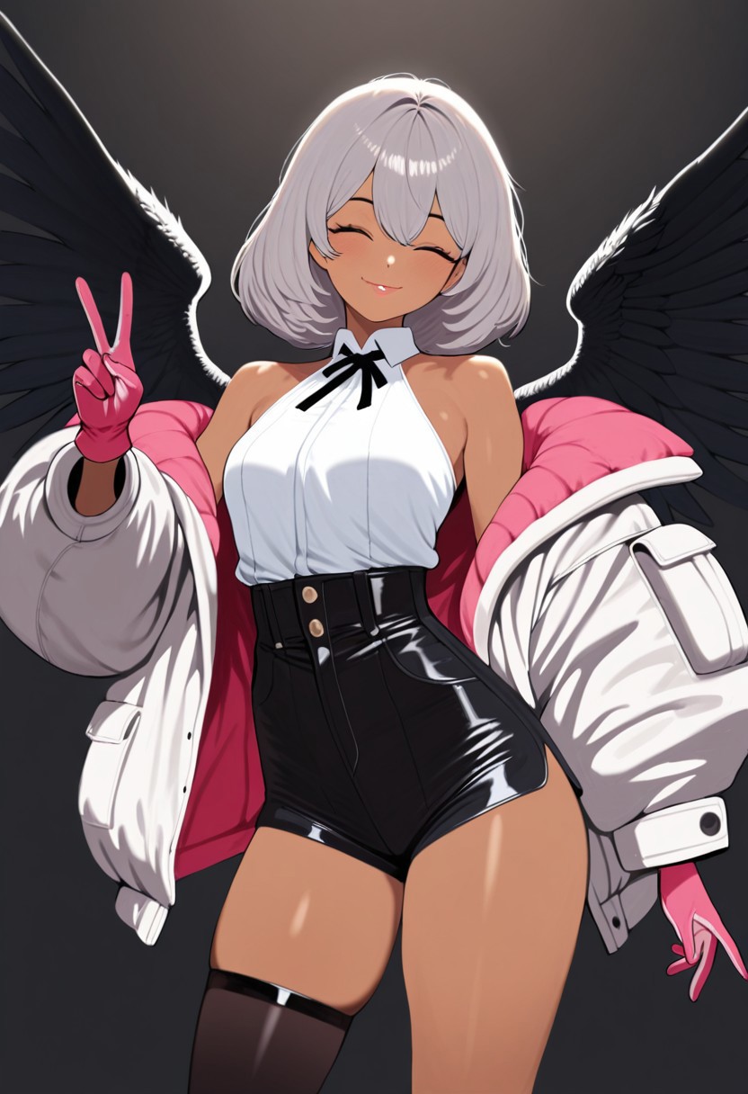 mrtangsuyuk, best quality, masterpiece, hires, solo, 1girl, closed eyes, lips, smile, grey hair, pose, v, grey dark-skinned female, bare shoulders, baggy jacket, black feather wings, high-waist_shorts, dual-colored gloves, pink gloves, asymmetrical thigh-highs