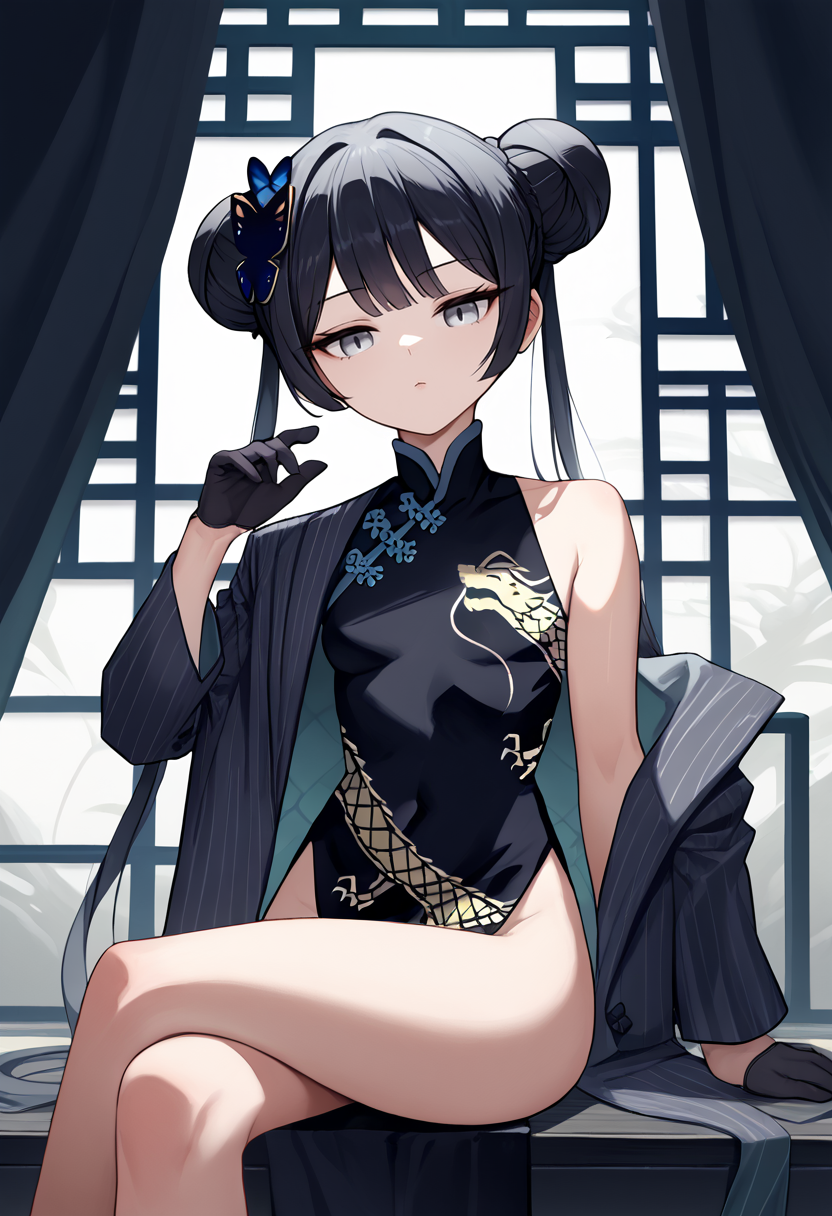 score_9,  score_7_up,    1girl,  ksak, black hair, double bun, twintails, grey eyes, china dress, black gloves, jacket, off shoulder, sitting, crossed legs, looking at viewer,    <lora:Kisaki new 2-000008:1>
