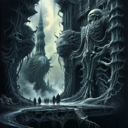 (masterpiece), An abandoned city floating in the void of space, constructed from a fusion of organic and metallic structures. Each building appears alive, with pulsating roots that throb like massive veins. In the sky, a warped moon made of eyes and mouths watches the scene eerily. The shadows cast by the light of a dying sun seem to move independently from the figures that create them
 (8k uhd:1,4),, inspired in cosmic horror, (epic composition, epic proportion), intricate, professional work, soft shadow, volumetric lighting, ((dynamic Image))and a misty, otherworldly glow