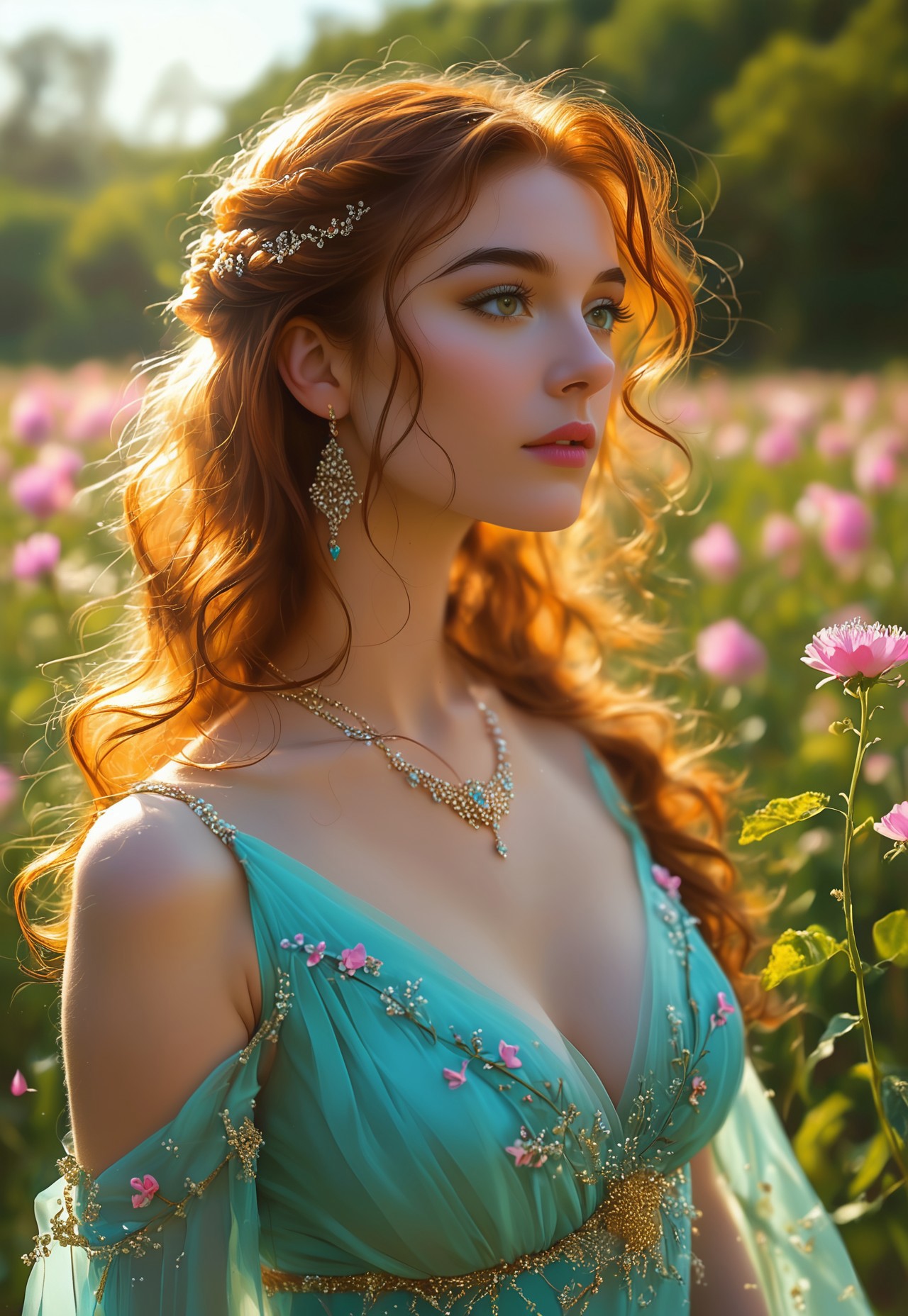 A graceful nymph with long, flowing hair the color of golden wheat, adorned with delicate flowers and leaves, cascading down her back. Her skin is a soft, sun-kissed gold, glowing with the warmth of the meadow. Her eyes are a deep, enchanting blue, filled with the mysteries of nature and the allure of ancient tales. Delicate, arched eyebrows frame her captivating gaze. Her nose is small and slightly upturned, adding to her charming appearance. Her lips are full and soft, the color of ripe berries, slightly parted as if whispering secrets of the meadow. Her slender shoulders are bare, revealing smooth, petal-like patterns that shimmer in the sunlight. Her chest is adorned with a necklace of polished river stones and wildflowers, highlighting her natural beauty. Her abdomen is lean and supple, leading to a slender waist. Her lower body is draped in a flowing, floral gown made of living vines, swaying gently with the breeze, revealing her lithe figure. She stands in a lush, vibrant meadow, surrounded by blooming flowers and the soft sounds of nature, the air filled with the scent of fresh grass and wildflowers. Sunlight casts a warm glow on her graceful features. Her eyes are open, gazing at the meadow with a sense of peace and harmony. A graceful nymph in a vibrant meadow.
(nymph, upper body, fully clothed)
<lora:add-detail-xl:1>