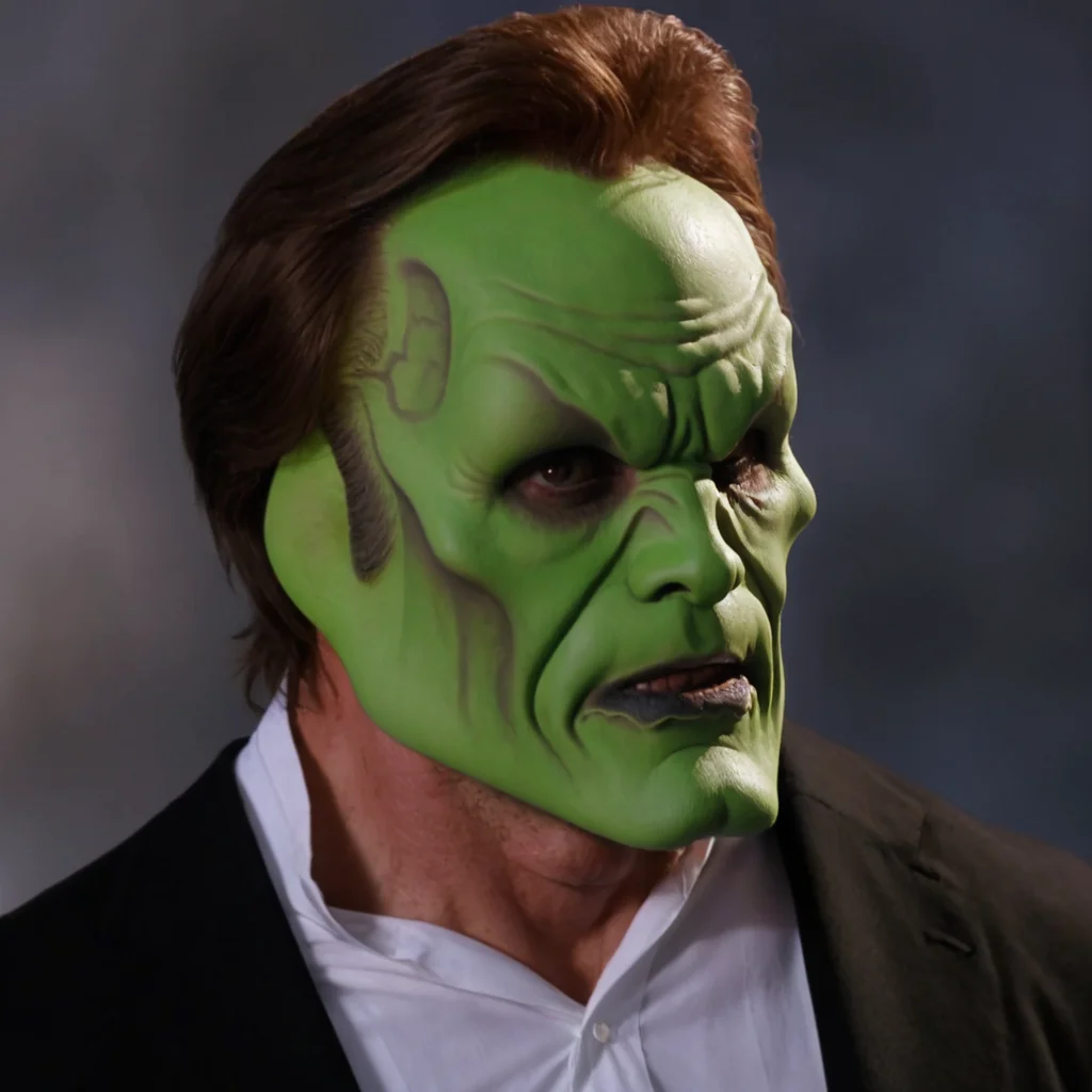 detailed high quality photo of a man with a (((green head))) and brown hair, the_mask,  <lora:BigHeadMask_V1_Dorian_SDXL:0.7>
