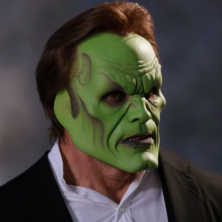 detailed high quality photo of a man with a (((green head))) and brown hair, the_mask, <lora:BigHeadMask_V1_Dorian_SDXL:0.7>