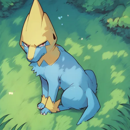 score_9, score_8_up, score_8, furry, Manectric, dog, blue/yellow fur, Pokemon (creature), cartoon style, 2d, feral, solo, sitting, looking at viewer, unamused expression, outside, on grass
