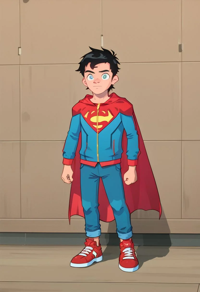 Score_8, superboy, 1boy, solo, Nice face, good pupils, black hair, perfect eyes, blue eyes, blue jacket, red cape, blue pants, red shoes