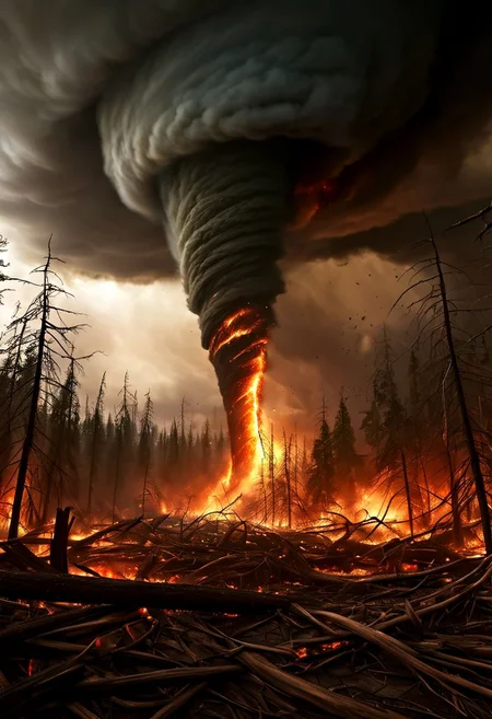 tornado over a burning forest with a tsunami coming, epic , masterpiece, dynamic, highly detailed