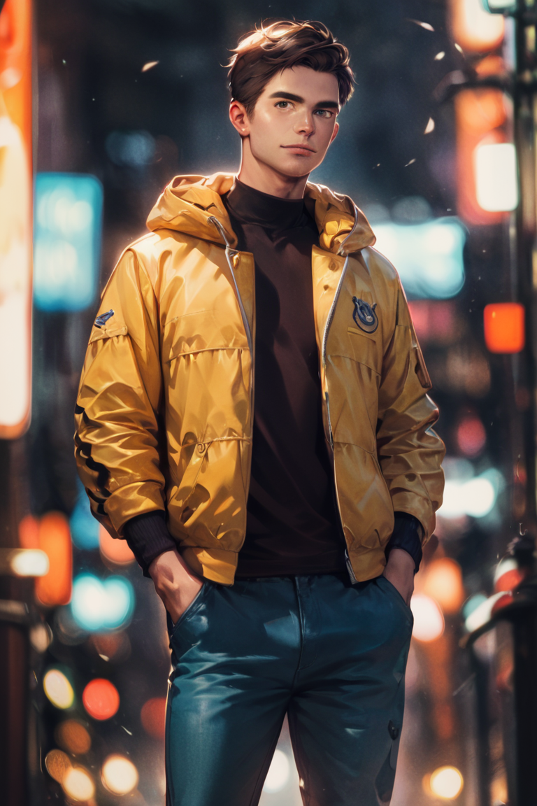 score_9, score_8_up, score_7_up, score_6_up, score_5_up, score_4_up, solo, jacket, realistic, male focus, 1boy, pants, hand in pocket, looking at viewer, short hair, brown hair, standing, long sleeves, cowboy shot <lora:Anime Summer Days Style SDXL_LoRA_Pony Diffusion V6 XL:1>