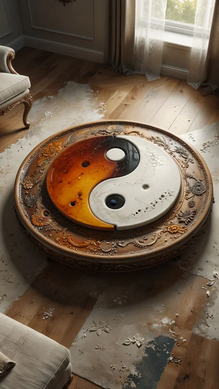 a plate like ying-yang symbol on a table in a large living room, royalcore 
award winning artwork,
many details, extreme detailed, full of details,
Wide range of colors., Dramatic,Dynamic,Cinematic,Sharp details
Insane quality. Insane resolution. Insane details. Masterpiece. 32k resolution.
 <lora:add-detail-xl:0.65> <lora:casting shadow style v2:0.1> casting shadow style, cucoloris patterned illumination <lora:CinematicStyle_v1:0.1> <lora:Disturbia:0.15> <lora:dvr-lnds-sdxl:0.1> dvr-lnds-sdxl <lora:MJ52:0.2> <lora:princess_xl_v2:0.1>  <lora:ral-dissolve:0.1> ral-dissolve <lora:ral-ertmsphr:0.1> ral-ertmsphr  <lora:ral-porcelain:0.3> ral-porcelain <lora:ral-pxlprtcl:0.31> ral-pxlprtcl  <lora:xl_more_art-full_v1:0.5>
