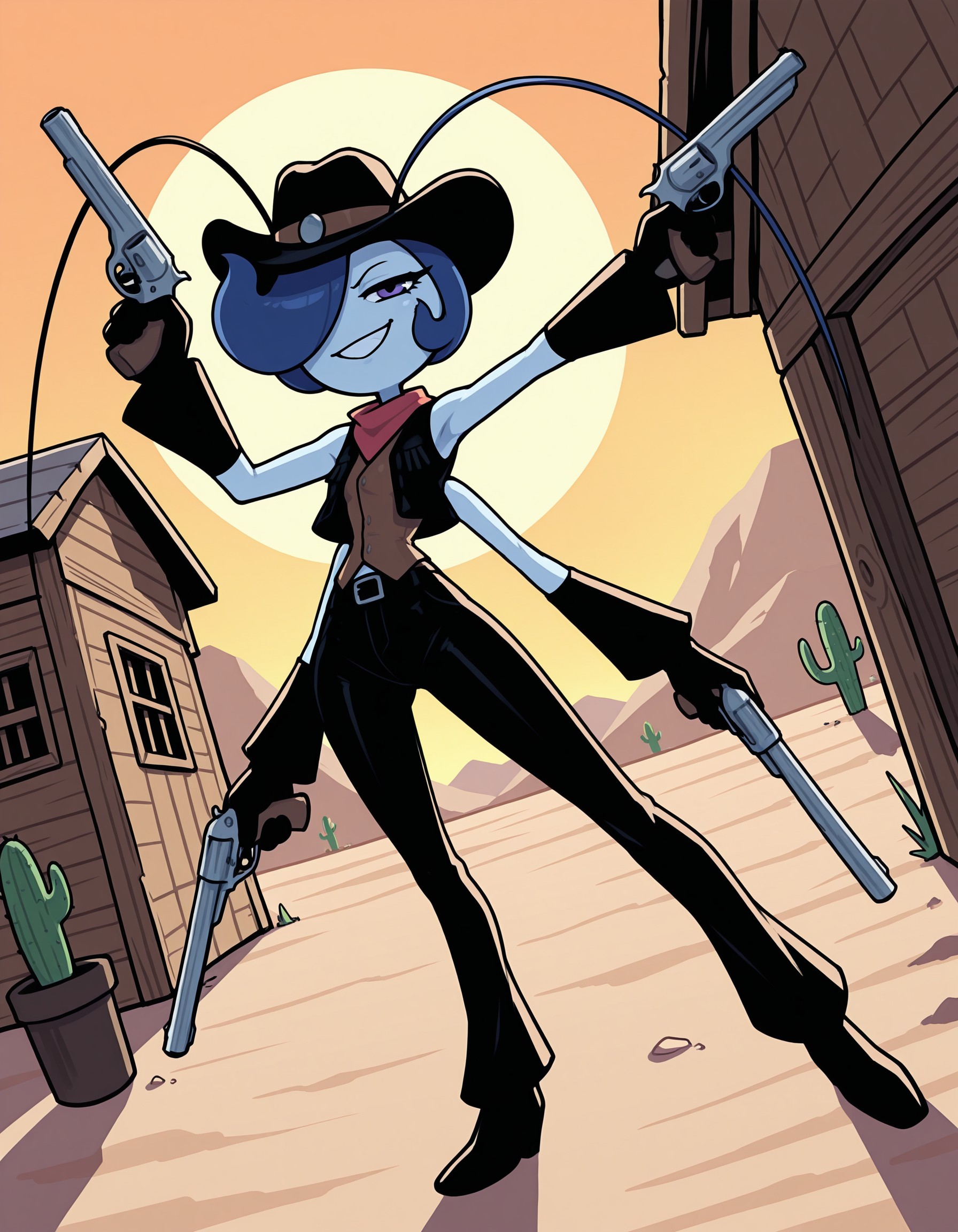 masterpiece, best quality, amazing quality, very detailed, newest, no humans, WnMlttBt, pokemon \(creature\), multicolored skin, (4 arms:1.4), blue hair, antennae, 1girl, (holding revolvers, revolver, gun), cowgirl, cowboy, (wild west), desert, cactus, wooden shack, smirk, pants, vest, shirt, cowboy hat, (dynamic pose, dynamic angle), (holding multiple weapons), hair over one eye, (no nose), gloves, sunset, <lora:1214d12e-1ad5-4f79-9766-25110fe55ba4:0.8>