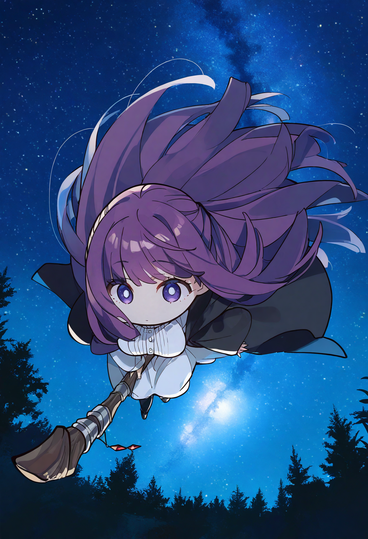 (masterpiece, best quality, highres, absurdres, very detailed, very aesthetic:1.22), (detailed eyes), large breasts, solo, fern \(sousou no frieren\), large breasts, detailed scenery, midair, staff, riding, legs together, wind, night, star \(sky\), moonlight, chibi, black cloak, white dress,    <lora:komowata_haruka_ct15v_1-04:1>