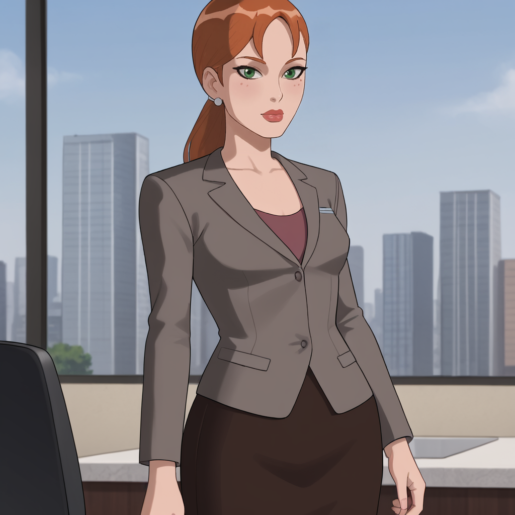<lora:pepperpottsemh_pony_v1:.7> pepperpottemh, 1girl, pencil skirt, green eyes, earrings, jewelry, ponytail, long hair, office lady, jacket, lipstick,  suit, brown hair