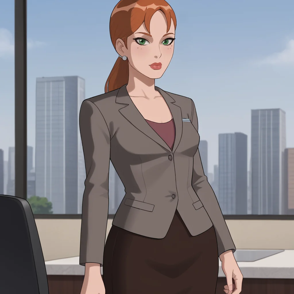 <lora:pepperpottsemh_pony_v1:.7> pepperpottemh, 1girl, pencil skirt, green eyes, earrings, jewelry, ponytail, long hair, office lady, jacket, lipstick, suit, brown hair