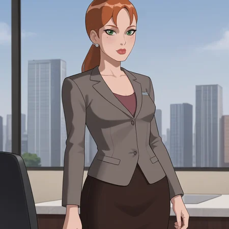 <lora:pepperpottsemh_pony_v1:.7> pepperpottemh, 1girl, pencil skirt, green eyes, earrings, jewelry, ponytail, long hair, office lady, jacket, lipstick, suit, brown hair