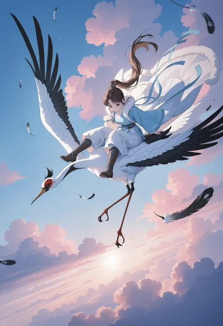 1girl, brown hair, dark brown eyes, beautiful eyes, jewelry, accessories, hanfu, fur-trimmed cape, boots, riding on a white Chinese crane, sitting astride, riding, sitting with legs apart on the crane's back, sky, flying above, clouds, atmospheric perspective, distant mountains, dusk, bright tones, feathers, windy, intricate detail, very beautiful, dynamic angle, dynamic action pose, dynamic movement, romantic fantasy, beautiful art, pastel colors, soft colors, flat colors