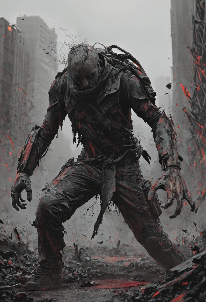 a combat cyborg, battle damaged, looking at the sunset over a faraway distopian city, colorful, muted rusted eroded paint, looking defeated,