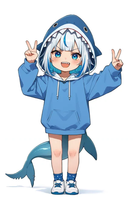 score_9,score_8_up,score_7_up, <lora:xinzoruo_style_pdxl_goofy:1>1girl, gawr gura, :d, animal hood, blue eyes, blue hair, blue hoodie, blue socks, blunt bangs, blush, chibi, drawstring, fins, fish tail, gradient clothes, hood, hood up, hoodie, long sleeves, looking at viewer, medium hair, multicolored hair, open mouth, shark hood, shark tail, sharp teeth, shoes, sidelocks, simple background, smile, socks, solo, streaked hair, tail, teeth, upper teeth only, v-shaped eyebrows, virtual youtuber, white background, white footwear, white hair