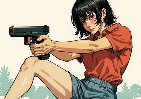detailed digital illustration of a preppy young woman aiming G17Model glock handgun, wearing high-waisted shorts, polo shirt, detailed background, Colored JJK Manga Style, (Mangaka style:0.5)<lora:Jujutsu_Kasien_Colored_Manga-000001.safetensors:1.0:1.0> <lora:Glock (G17)_epoch_12.safetensors:1:1> <lora:Mangaka V2.safetensors:0.5:0.5>