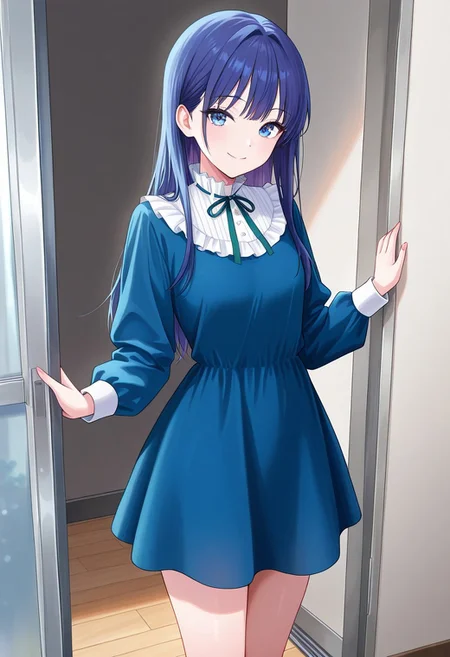 (absurdres, best quality, masterpiece:1.4), amazing quality, highres, newest, detailed, detailed body, detailed face, beautiful, petite,
BREAK
WWNemu, 1girl, solo, standing, smile, NemuMang, manga illustration, blue dress, white frill collar, neck ribbon