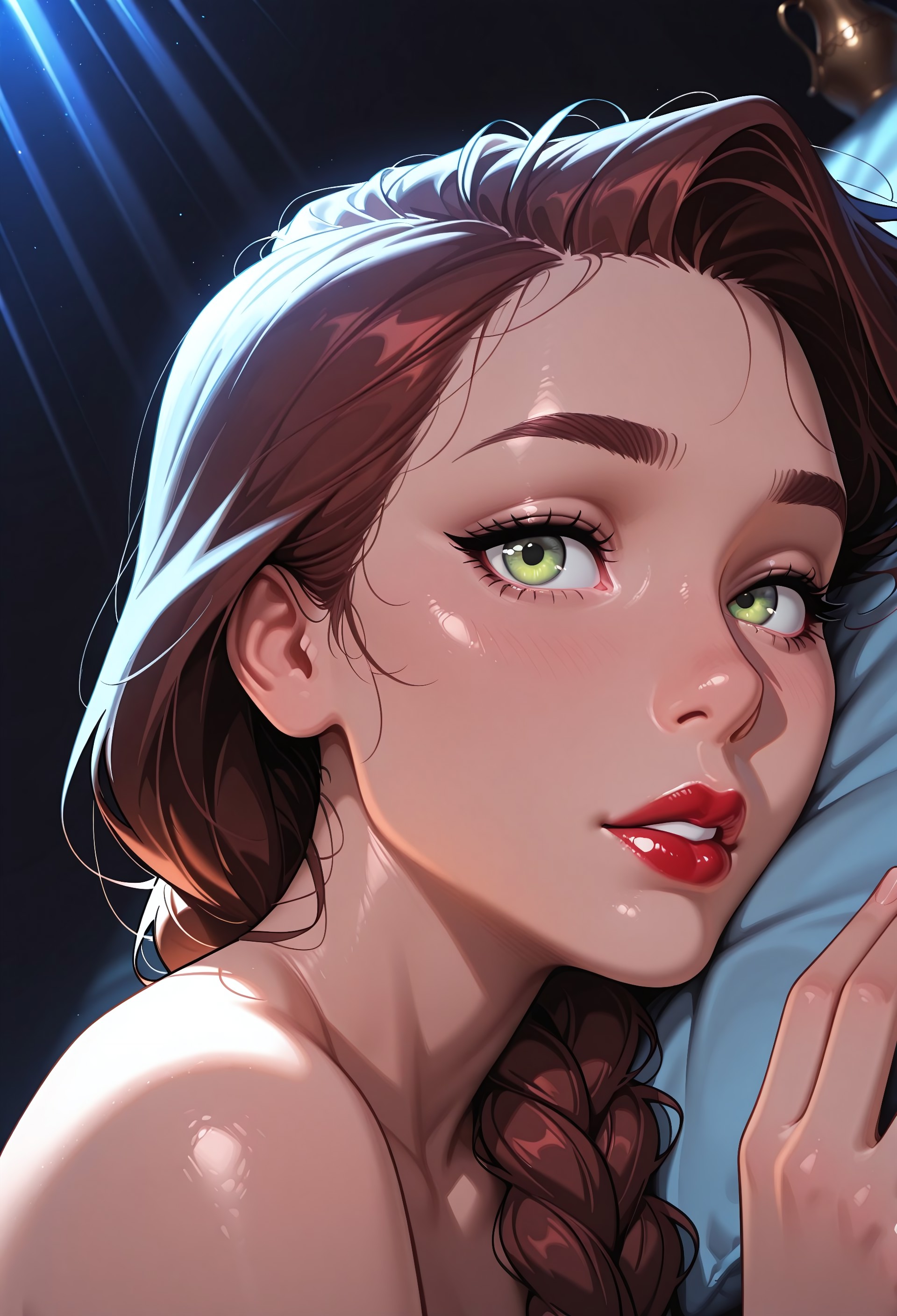 masterpiece, high_quality, highres, gradient, ultra-realistic, 32k, best quality, highly detailed, anime_source, lineless:1.2, pureerosface_v1, ng_deepnegative_v1_75t, aid291, DISNEY_ANIMATION, incoth, (incase:0.6), melkor_style, adult, colorful, Anna_Rice, (1girl, 19 yo, long hair, broan hair, long braid, braid on side, perfect hairstyle, green eyes, detailed face, red lips), Extreme close-up side profile of a woman's face, sharply detailed with cinematic depth of field volumetric lighting, cinematic lighting, dynamic lights, low key lighting, (light rays:1.2), blue theme, dark background, foreshortening,off focus,(vignetting:1.2), 