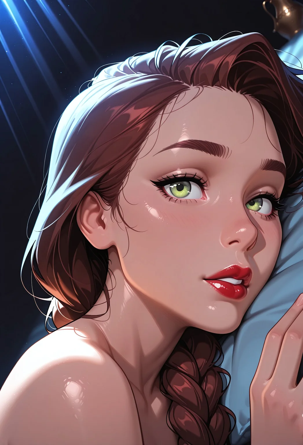 masterpiece, high_quality, highres, gradient, ultra-realistic, 32k, best quality, highly detailed, anime_source, lineless:1.2, pureerosface_v1, ng_deepnegative_v1_75t, aid291, DISNEY_ANIMATION, incoth, (incase:0.6), melkor_style, adult, colorful, Anna_Rice, (1girl, 19 yo, long hair, broan hair, long braid, braid on side, perfect hairstyle, green eyes, detailed face, red lips), Extreme close-up side profile of a woman's face, sharply detailed with cinematic depth of field volumetric lighting, cinematic lighting, dynamic lights, low key lighting, (light rays:1.2), blue theme, dark background, foreshortening,off focus,(vignetting:1.2),