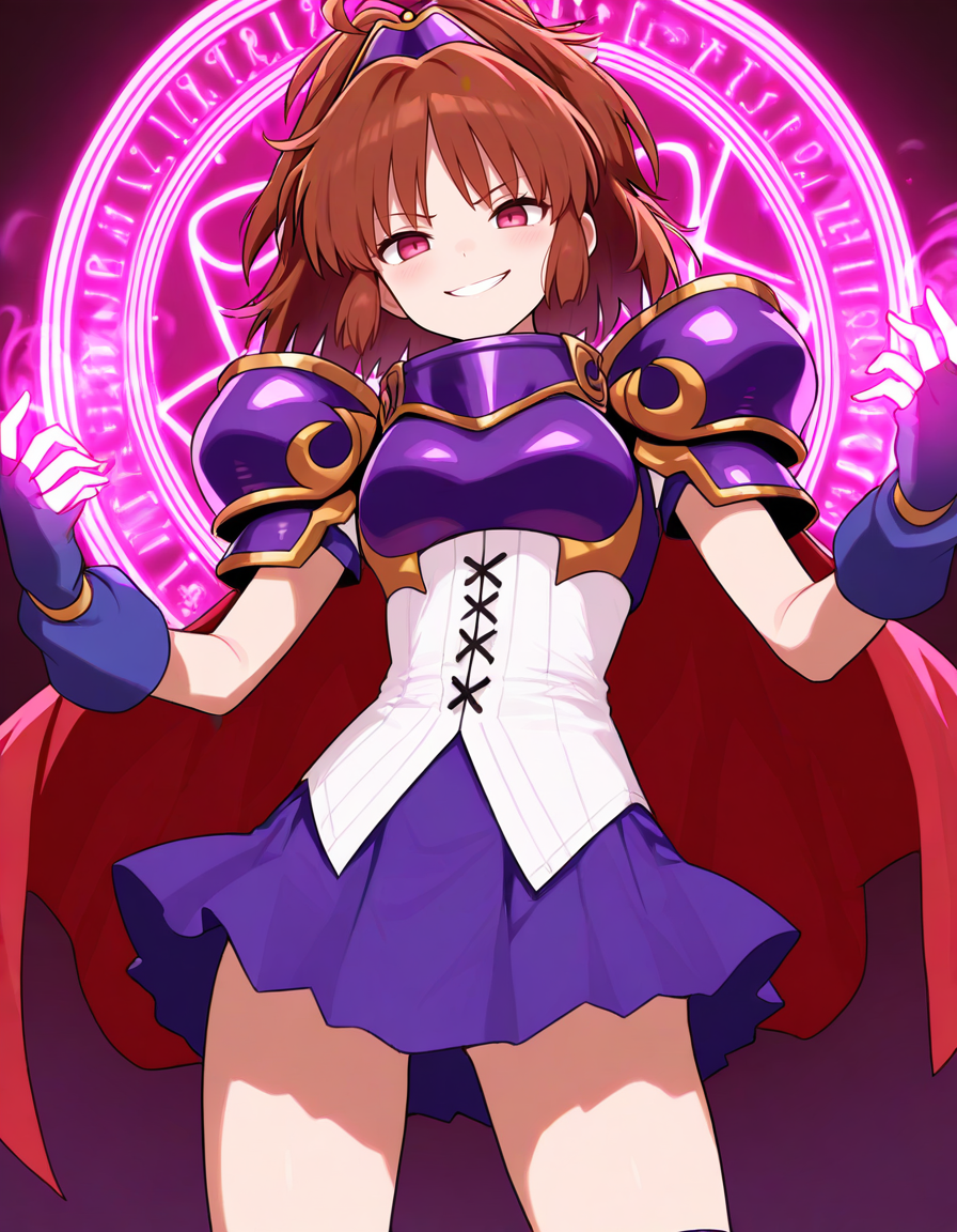 <lora:Puyoarle_SDXL_Illustrious01_fp16_ver04:1>,arleP4, 1girl,brown hair,bangs,hair updo,pink eyes,purple tiara,purple skirt,red cape, brown eyes,purple armor, purple boots,cross-laced shirt,purple fingerless gloves,evil smile, magic circle,, masterpiece, best quality, very aesthetic, absurdres,<lora:detailed_hands:1>,hand
