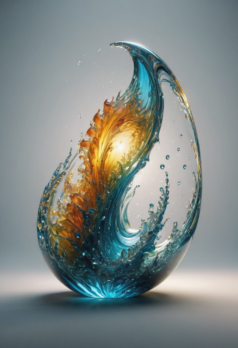 An abstract shape, amazingly fluid, made of glass, detailed, 3d fractals, light particles, water drops, shimmering light, surreal, ink, smooth, shimmering, glow, cinematice contrast, Glow, 
16k