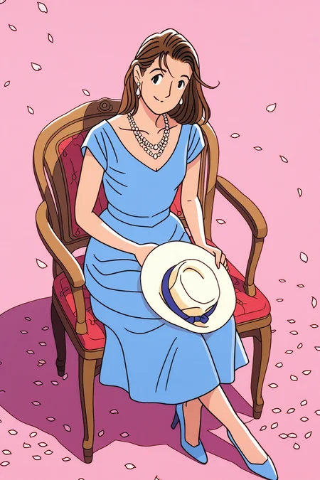 wataseizo,1girl,solo,jewelry,dress,hat,earrings,sitting,brown hair,unworn hat,smile,petals,chair,blue dress,shadow,blue footwear,holding,