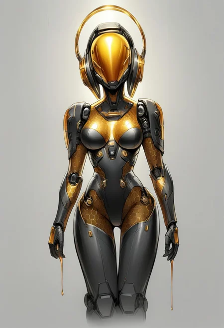 Create a captivating digital artwork of a robotic or synthetic humanoid figure, blending technological and organic elements in a striking, surreal manner.
* Close-up focusing on head and upper torso
* Directional lighting creates highlights and reflections on smooth surfaces
* Slightly elevated angle emphasizes the figure's poise and contemplation
* Primary colors: black, gold/orange
* Dark background enhances golden hues of honey-like substance
* Secondary colors: dark gray/black for background, metallic/synthetic tones for figure
* Smooth, helmet-like structure with golden visor encases the head
* Honeycomb patterns and viscous, honey-like substance integrated into design
* Substance clings to figure's form, creating glistening strands and droplets
* Intricate mechanical details visible beneath flowing substance
* No clothing or jewelry; technological and organic elements blended seamlessly
* Figure constructed from smooth, black, metallic/synthetic material
* Mechanical parts blend with organic elements, emphasizing fusion of technology and nature
* Digital painting or rendering with smooth textures and precise details
* Surreal blending of materials creates unique, captivating atmosphere
* Contemplative, poised posture conveys sense of serenity
* Directional lighting adds dynamic energy to the scene
* Overall mood is one of futuristic wonder
pmg style