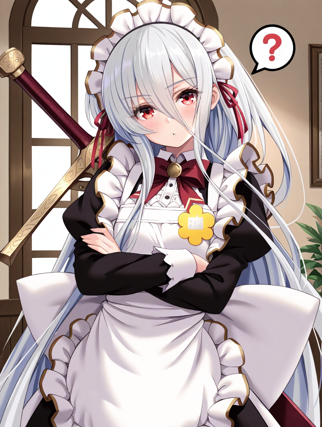 (masterpiece,best quality,ultra_detailed,highres,absurdres:1.2,amazing quality,very aesthetic),<lora:Ruriko_ilxl_v1-000010:0.8>,1girl,solo, sword, weapon, maid, maid headdress, long hair, red eyes, apron, white hair, very long hair, huge weapon, weapon on back, maid apron, ruriko\(Hime Jir\),crossed arms, ?,head tilt,