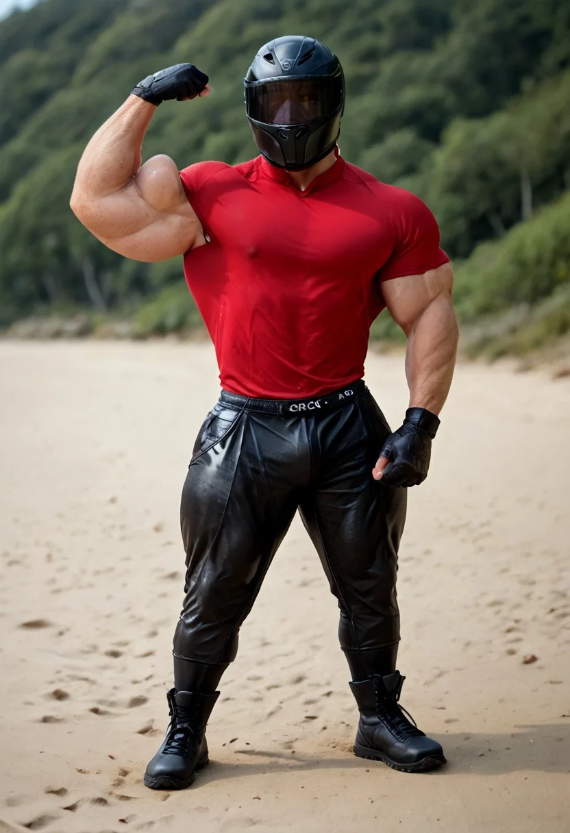 score_9, score_8_up, score_7_up, photo, photorealistic, rating_explicit, (solo:1.1), 1boy, black helmet with tinted visor, muscular male, masculine male, black glossy leather jacket, red shirt, skin tight, pants, black rubber gloves, black rubber boots, abs, nipples, pecs, flexing, proud, sweaty, outdoors beach, five digits