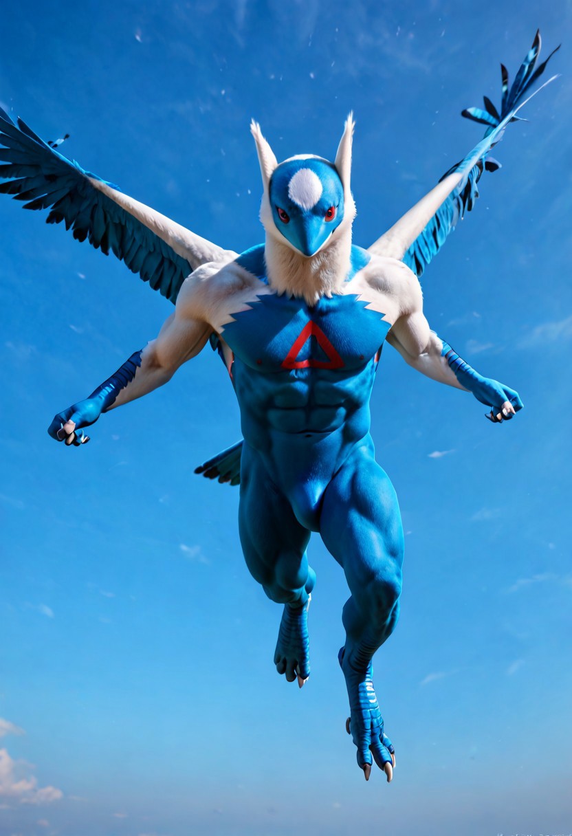 score_9, score_8_up, score_7_up, score_6_up, 1boy, latios, anthro, avian, furry male, furry, blue body, white feathers, blue feathers, body feathers, detailed feathers, realistic feathers, feathered body, red eyes, lean muscles, slim physique, white pecs, blue abs, blue belly feathers, narrow hips, blue legs, flying, action pose, cinematic, sky background
