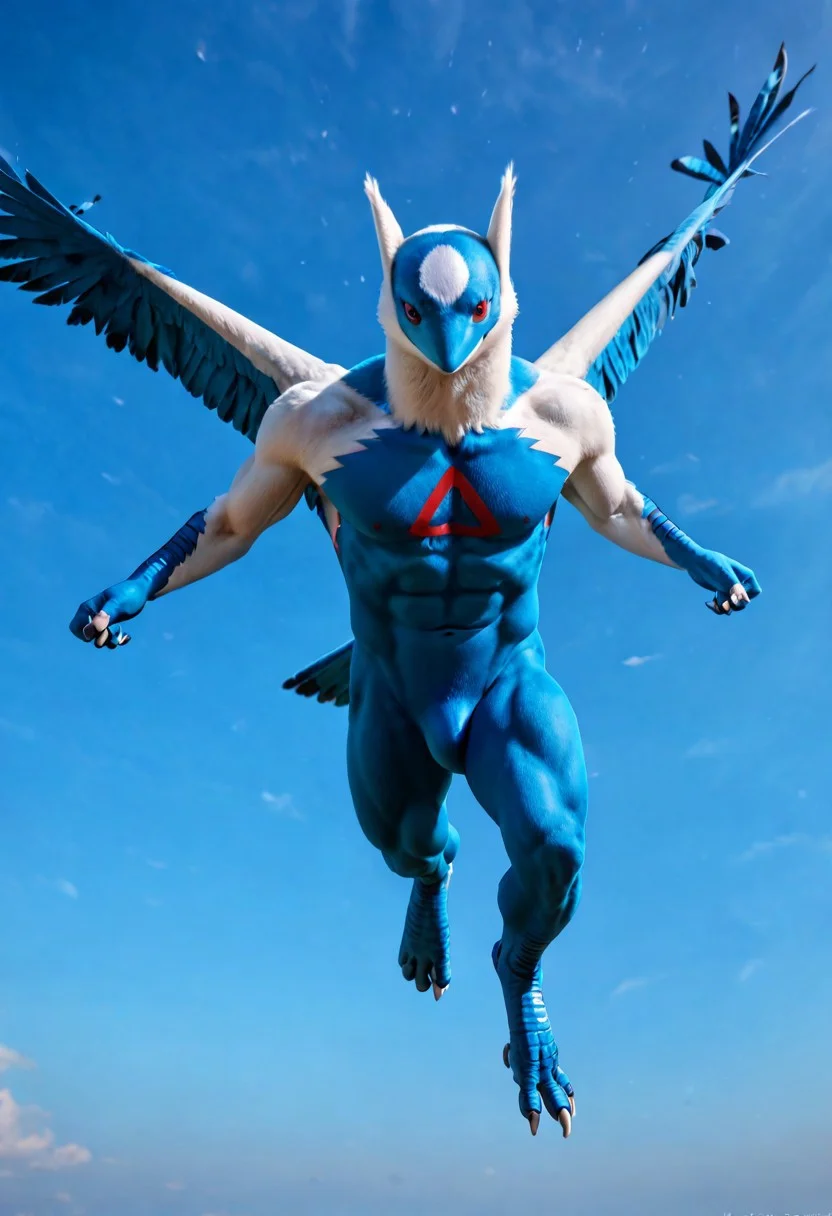 score_9, score_8_up, score_7_up, score_6_up, 1boy, latios, anthro, avian, furry male, furry, blue body, white feathers, blue feathers, body feathers, detailed feathers, realistic feathers, feathered body, red eyes, lean muscles, slim physique, white pecs, blue abs, blue belly feathers, narrow hips, blue legs, flying, action pose, cinematic, sky background