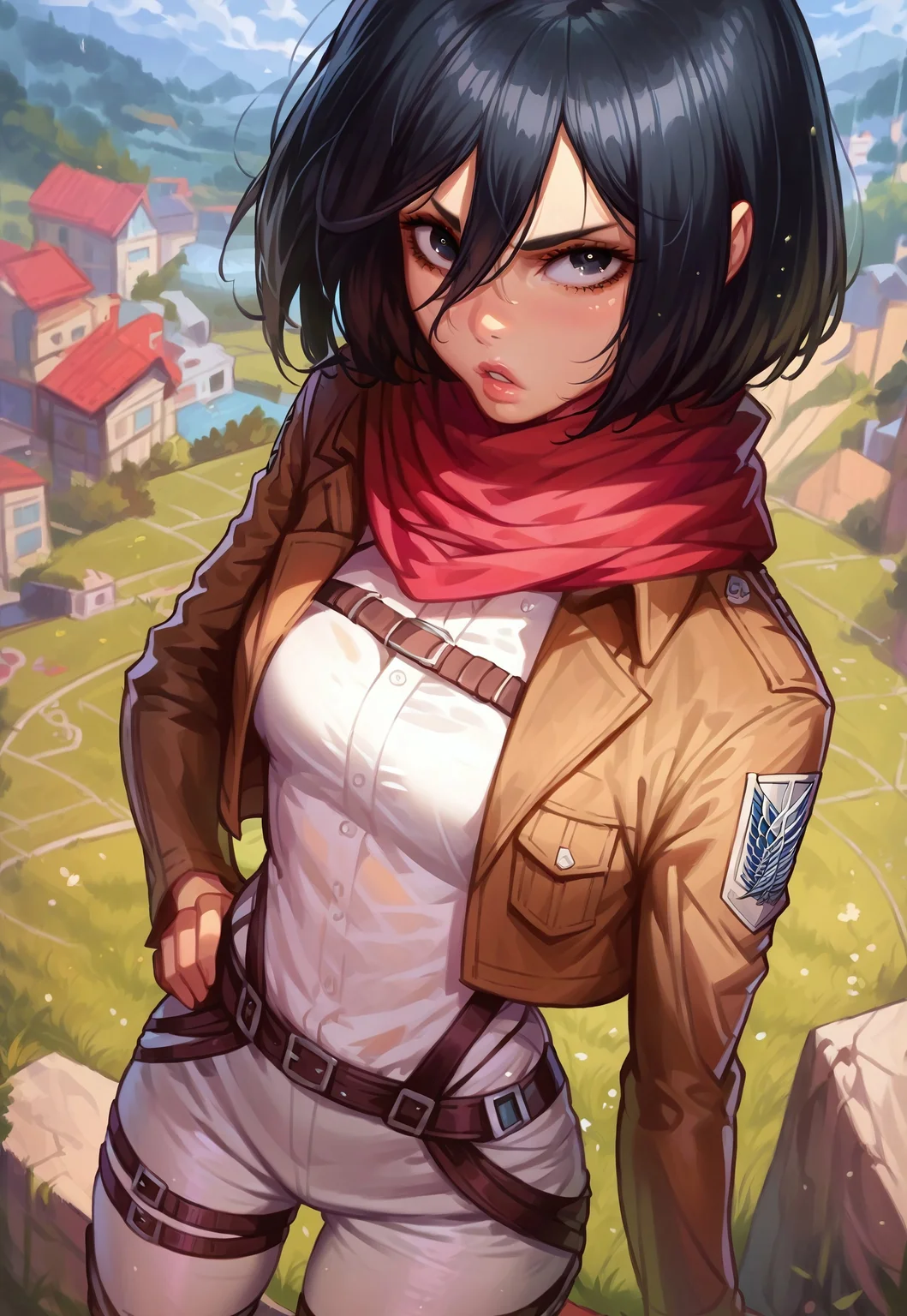 score_9, score_8_up, score_7_up, outdoors, sinozick style, 1ly4, 1girl, mikasa ackerman, black eyes, black hair, short hair, white shirt, thigh strap, open cropped brown jacket, red scarf, white pants, survey corps \(emblem\), boots, standing, thigh gap, slim fit, hip dips, posing, neutral expression, depth of field, parted lips, looking at viewer, above view, foreshortening, hand on hip, tilted hip