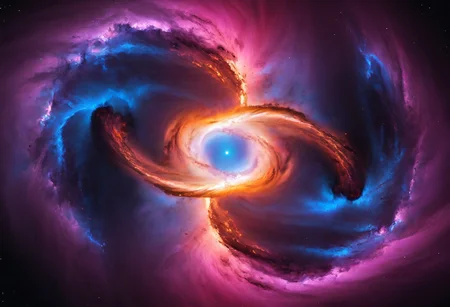 a dynamic and breathtaking image of the universe with vibrant colors and dramatic lighting. Show a swirling nebula in the foreground with bright, intense hues of blue, purple, and pink. In the background, depict a distant galaxy with spiraling arms and scattered stars. Include a supernova explosion, radiating brilliant light, and a mesmerizing black hole at the center, with cosmic debris swirling around it. Add a hint of distant planets and asteroids to create a sense of scale and depth. Make the entire scene feel alive and constantly in motion.
