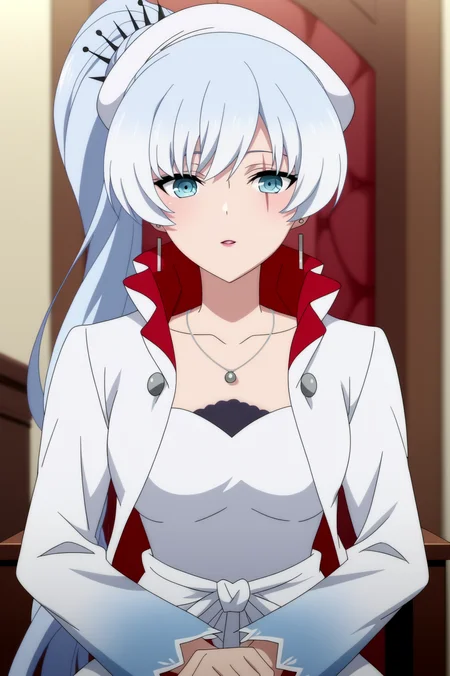 weiss schnee,anime screencap,1girl,solo,mature,blue eyes,scar,scar across eye,scar on face,ponytail,earrings,jewelry,necklace,indoors,sit,castle,high collar, looking at viewer, ponytail, peaked cap, chair, white headwear, parted lips, white coat, hair between eyes, military hat, white jacket, coat <lora:Weise Schnee - RWBY.safetensors:0.8>