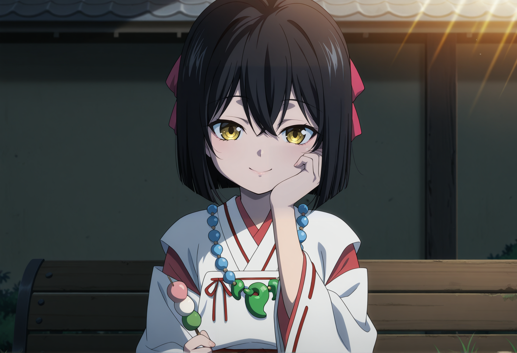 sunlight. anime coloring, anime screenshot, 1girl, upper body, black hair, yellow eyes, ribbon, pearl necklace, magatama, japanese clothes, miko, outdoors, sitting, outdoors, bench, (holding dango:1.4), smile, happy, hand on cheek
  <lora:himiko_nobuna_illus:0.8>, masterpiece, best quality, amazing quality, very aesthetic, absurdres, highres, newest