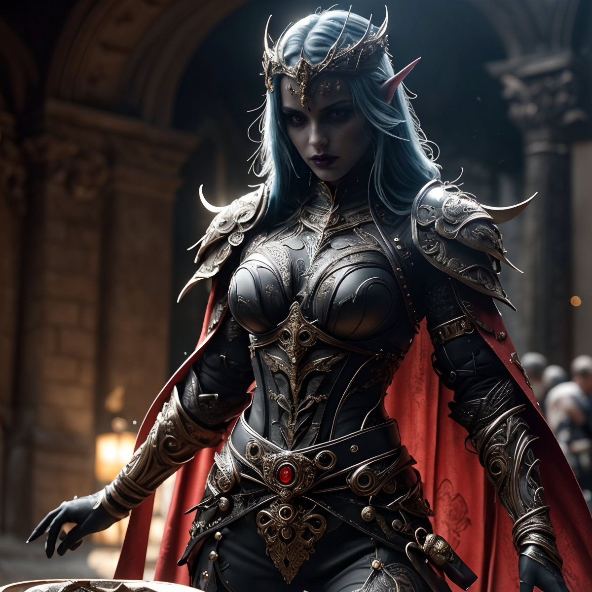 RAW photo, (masterpiece:1.3), subsurface scattering, heavy shadow, (high quality:1.4), (intricate, high detail:1.2), professional photography, HDR, High Dynamic Range, realistic, ultra realistic, photorealistic, high resolution, film photography, ambient lighting, atmospheric effects, <lora:detail_slider_v4:2>, OverallDetail,  <lora:DarkElfClothes:0.7>, a beautiful dark elf fighter, dark makeup, intricate plate armor, cape, tiara, dec, bracers, elaborate belt,epiCPhoto