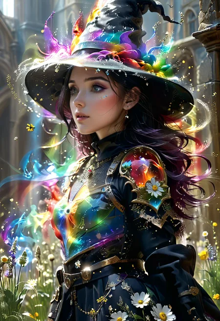 very close up(1.5) young and beautiful girl with high cheekbones and a fine chin, (perfect round eyes: 1.3), multicolored eyes, multicolored skin, multicolored hair,hat,(soul leaving the face, in the style of ethereal light effects,multicolored:1.2) (illuminating hat:1.6)  (face tattoo:1.3) prismatic coloring,volumetric lighting,  hyper detailed
 style by Greg Rutkowski, by Milo Manara and Russ Mills, with insanely intricate details and textures, gloomy dramatic lighting, 8K resolution
freckle on flower,thousands of flowers