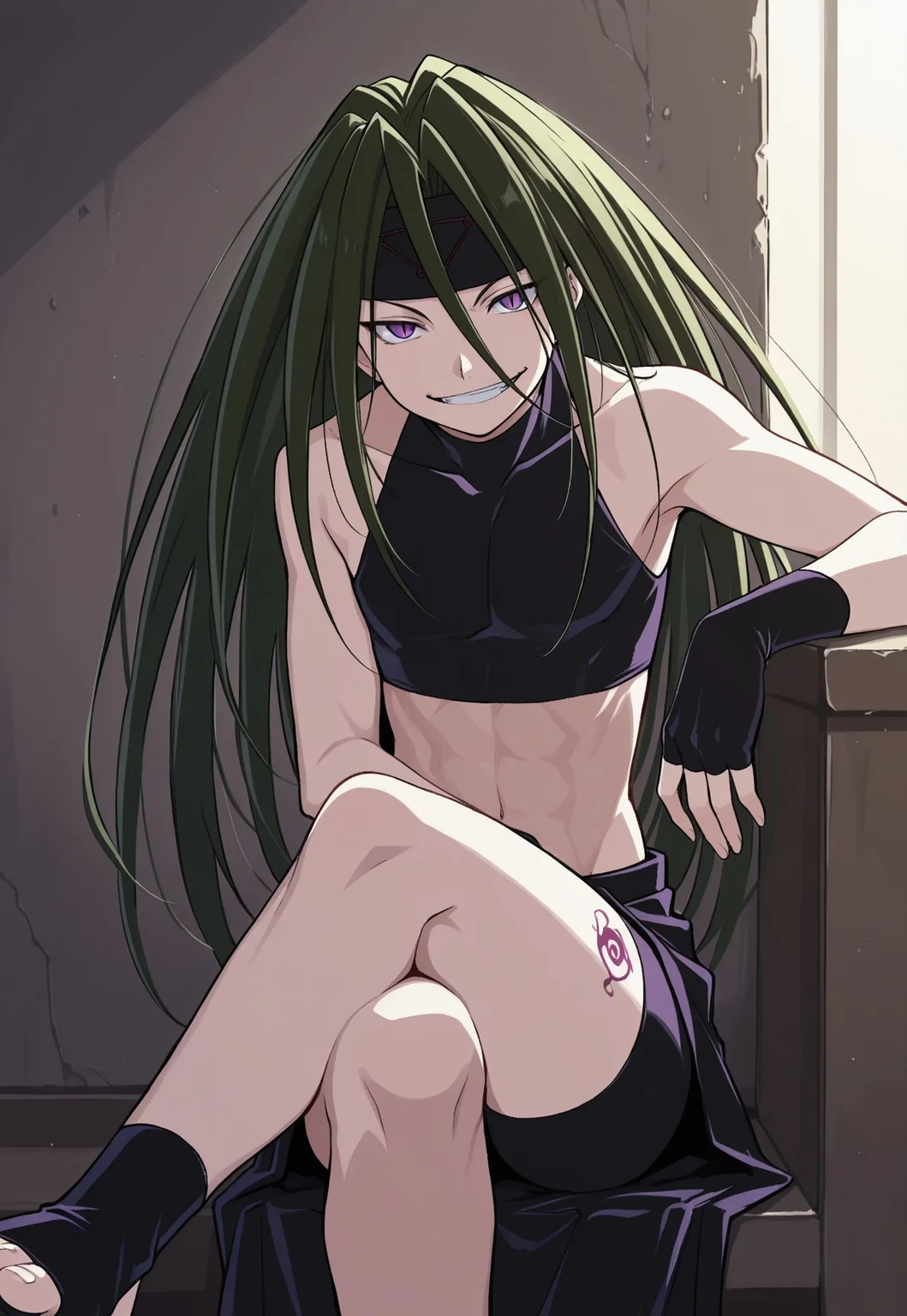 safe_pos, score_9, score_8_up, score_7_up, masterpiece, best quality, safe_pos, score_9, score_8_up, score_7_up, masterpiece, best quality, FMA_Envy, 1boy, male, solo, long hair, green hair, purple eyes, (((slit pupils))), headband, crop top, bare shoulders, midriff, gloves, fingerless gloves, skirt, side slit, bike shorts under skirt, bike shorts, toeless legwear, leg tattoo, crossed legs, evil laugh, perspective