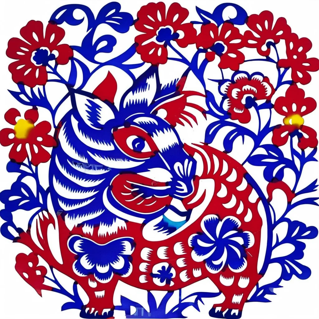 an image of blue and red tiger,trees,flowers, solid (white+++) background,SP_CN_PPC,colorful paper cutting<lora:0204_paper_cutting-checkpoint-5000:1.0>