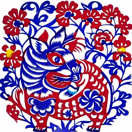 an image of blue and red tiger,trees,flowers, solid (white+++) background,SP_CN_PPC,colorful paper cutting<lora:0204_paper_cutting-checkpoint-5000:1.0>