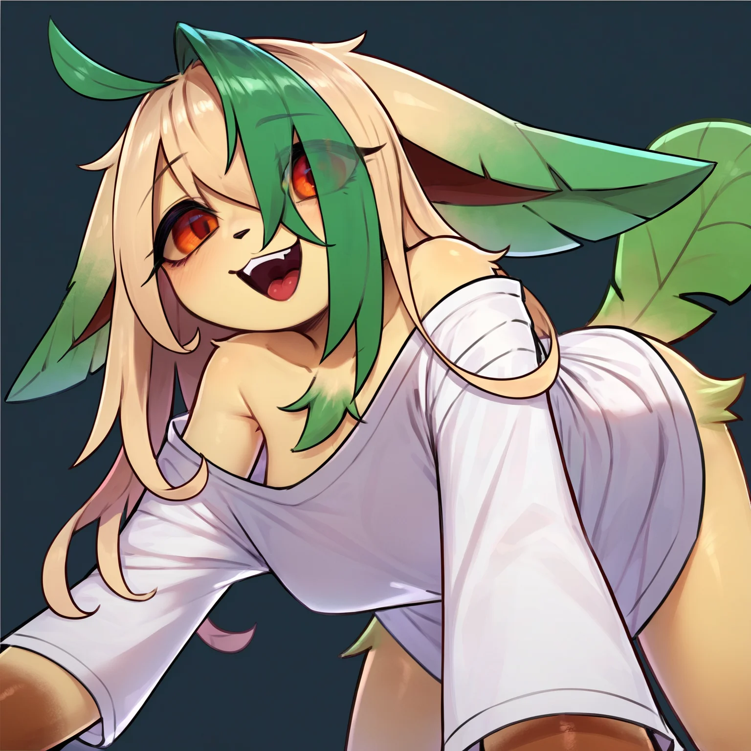 <lora:IvyShutIn:0.8> ivyshutin, female, solo, looking at viewer, oversized shirt, open mouth, eye bags, smile, on all fours, crawling, on top of another, score_9, score_8_up