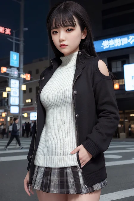 (skin blemish:1.2), (skindentation), black eye, 1woman, 25yo, (((woman))), solo, realistic, best quality, photorealistic, masterpiece, 8k, high res, solo, extremely detailed face, (professional lighting, bokeh), (light particles, lens flare, glowing particles:0.6), (dynamic pose:1.2), soft lighting, top angle view, fashionable and trendy atmosphere, japan, (street:1), tokyo, (city), ((nighttime)), sky, ((looking at the viewer:1)), (looking at the camera),(portrait:0.6), cowboy shot, gorgeous, walking, keep original facial proportion, wide shoulder, full body, (medium breast), (long hair), red hair, floating hair, lips, lipstick, seductive smile, floating hair, smile, open_mouth, teeth, eye ring, hood, (hoodie:1), high_neck_sweater, jacket, plaid, plaid_skirt,, eyelashes, mole, (mole under eye:1), <lora:NaganoS:0.75>
