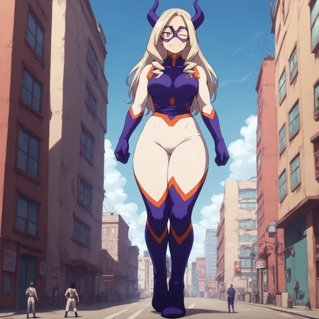 <lora:SlimesMtLady-000003:1>, score_9, score_8_up, score_7_up, slimes_mtlady, woman, thick thighs, solo, giantess, winking, smiling, mask, full body, standing, straight on POV