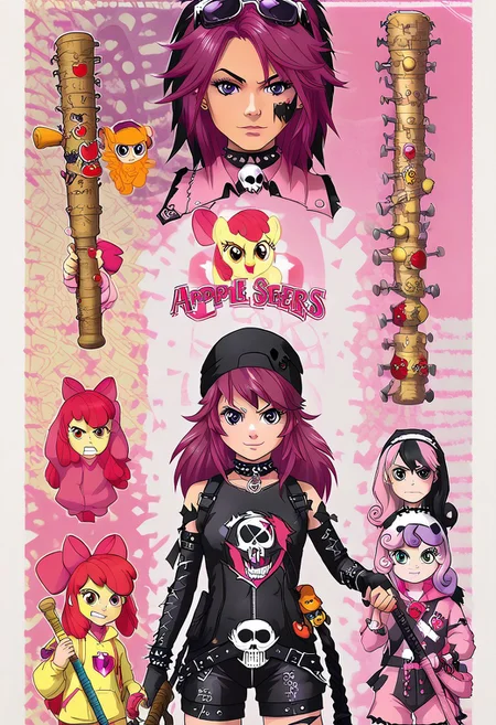 score_9, score_8_up, score_7_up, (cutie mark crusaders) applebloom, sweetie belle, scootaloo, 3 girls, trio, biker clothes, black bandana with skulls,  spiky hair on scootaloo, puple onesie blue and pink stipes, pink star tatoo, pink onesie green stripes, human 18yo, balck onsie on applebloom with white stars, applebloom holding black spiked baseball bat, holding a molotov cocktail, holding a electric whip, looking menacing, perfect face, perfect hands,
General
 thighhighs 1.2), very fuzzy, (detailed background),