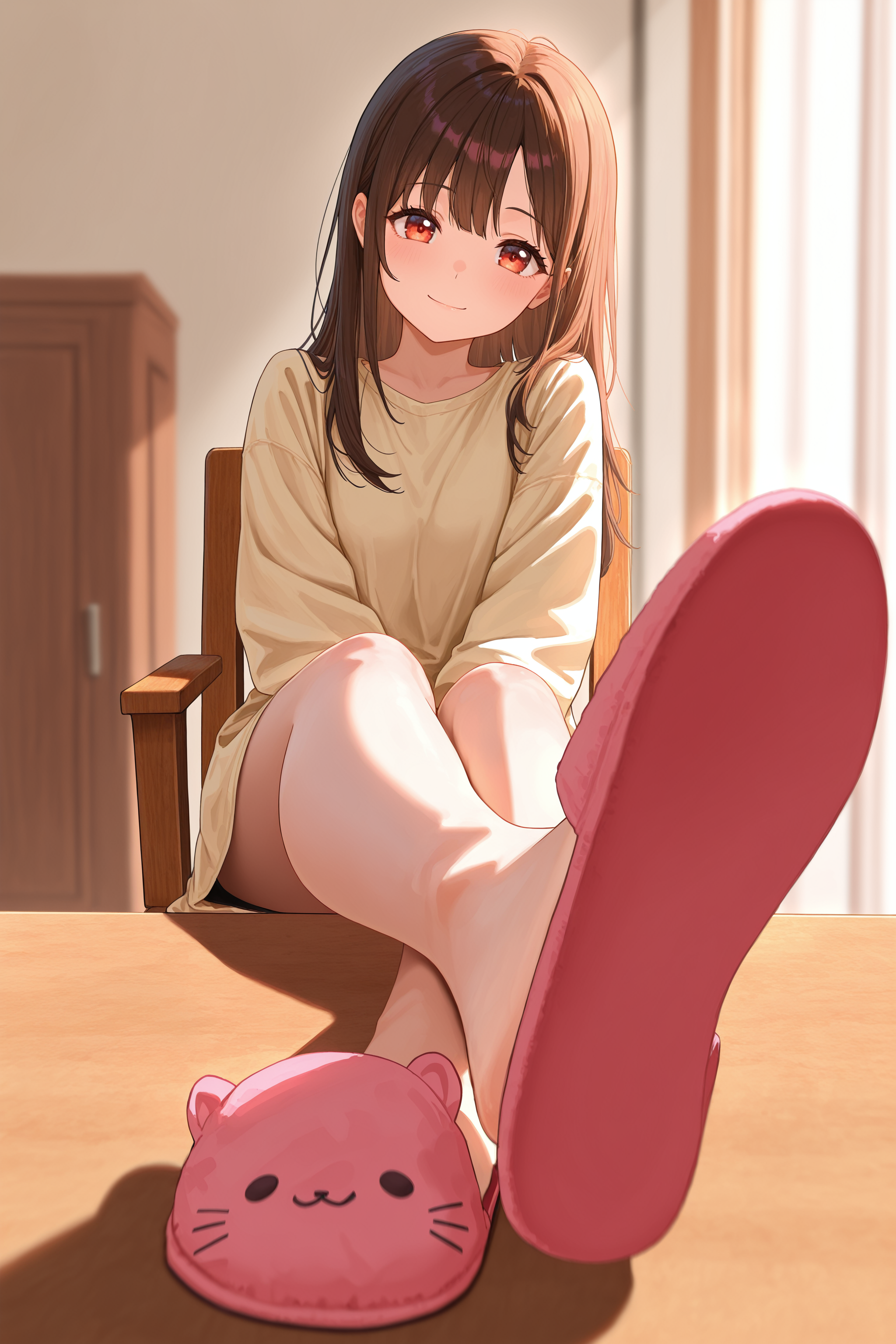 masterpiece, best quality, absurdres, safe
1girl, sitting, outstretched legs, feet on table, crossed ankles, full body,
looking at viewer, on chair, foreshortening, depth of field, slippers, 
smile
<lora:outstretched_legs_il_2_v2_final:1>