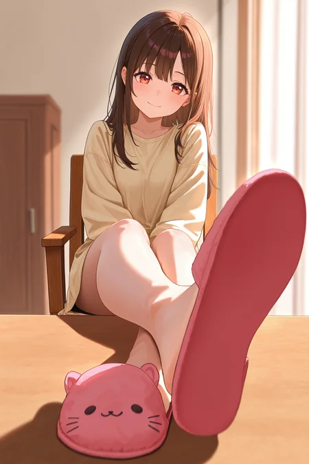 masterpiece, best quality, absurdres, safe
1girl, sitting, outstretched legs, feet on table, crossed ankles, full body,
looking at viewer, on chair, foreshortening, depth of field, slippers, 
smile
<lora:outstretched_legs_il_2_v2_final:1>