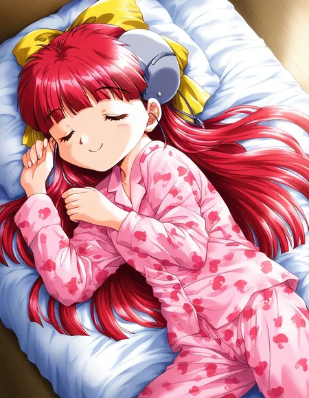 score_9, score_8_up, score_7_up, source_anime, rating_explicit, BREAK <lora:Nanako_RISE_XL:1>ãNanako_RISE, long hair, red hair, closed eyes, bangs, hair bow, headgear, yellow bow, solo,
pink pajamas, animal print, lying, happy, long pants, sleeping, closed mouth,
bed room, flooring,